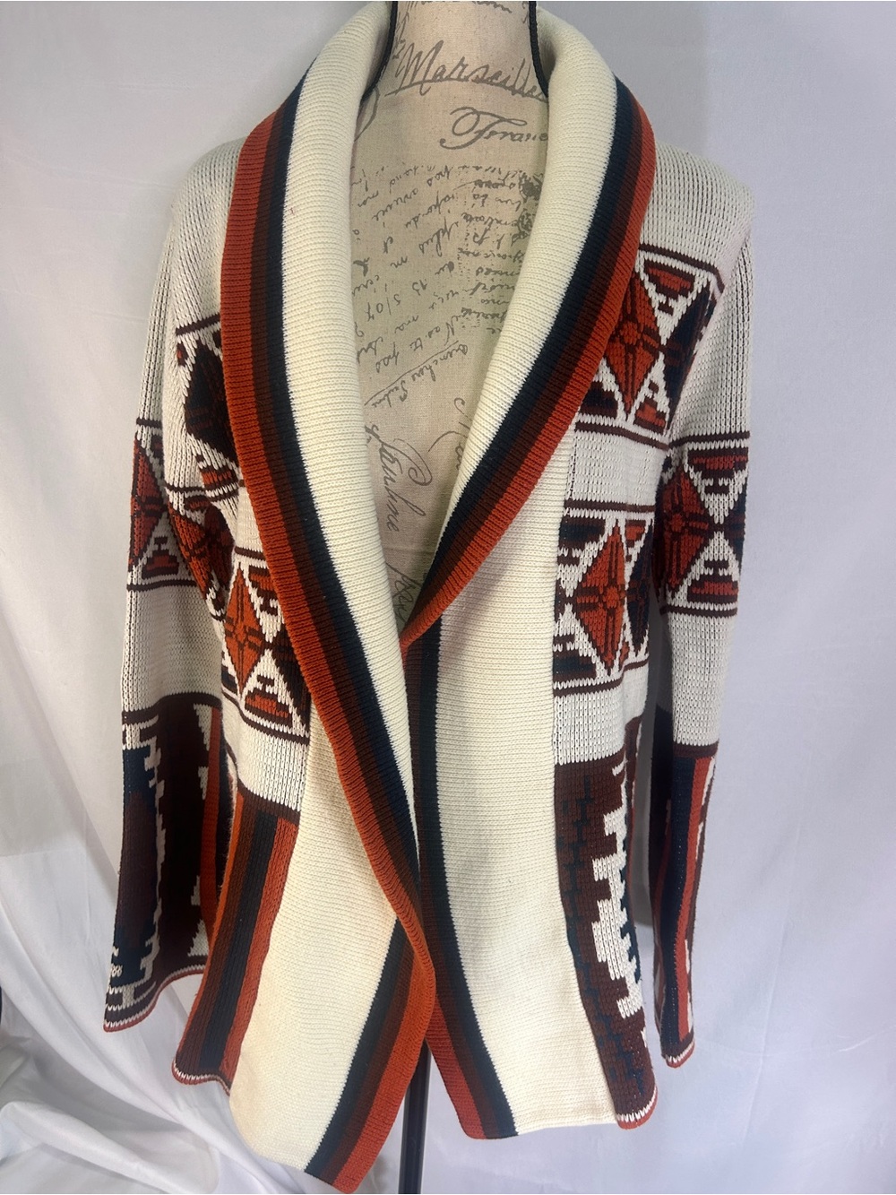 Vintage 70s Southwestern Aztec Shawl Collar Open Cardigan Sweater Rust Cream⁠